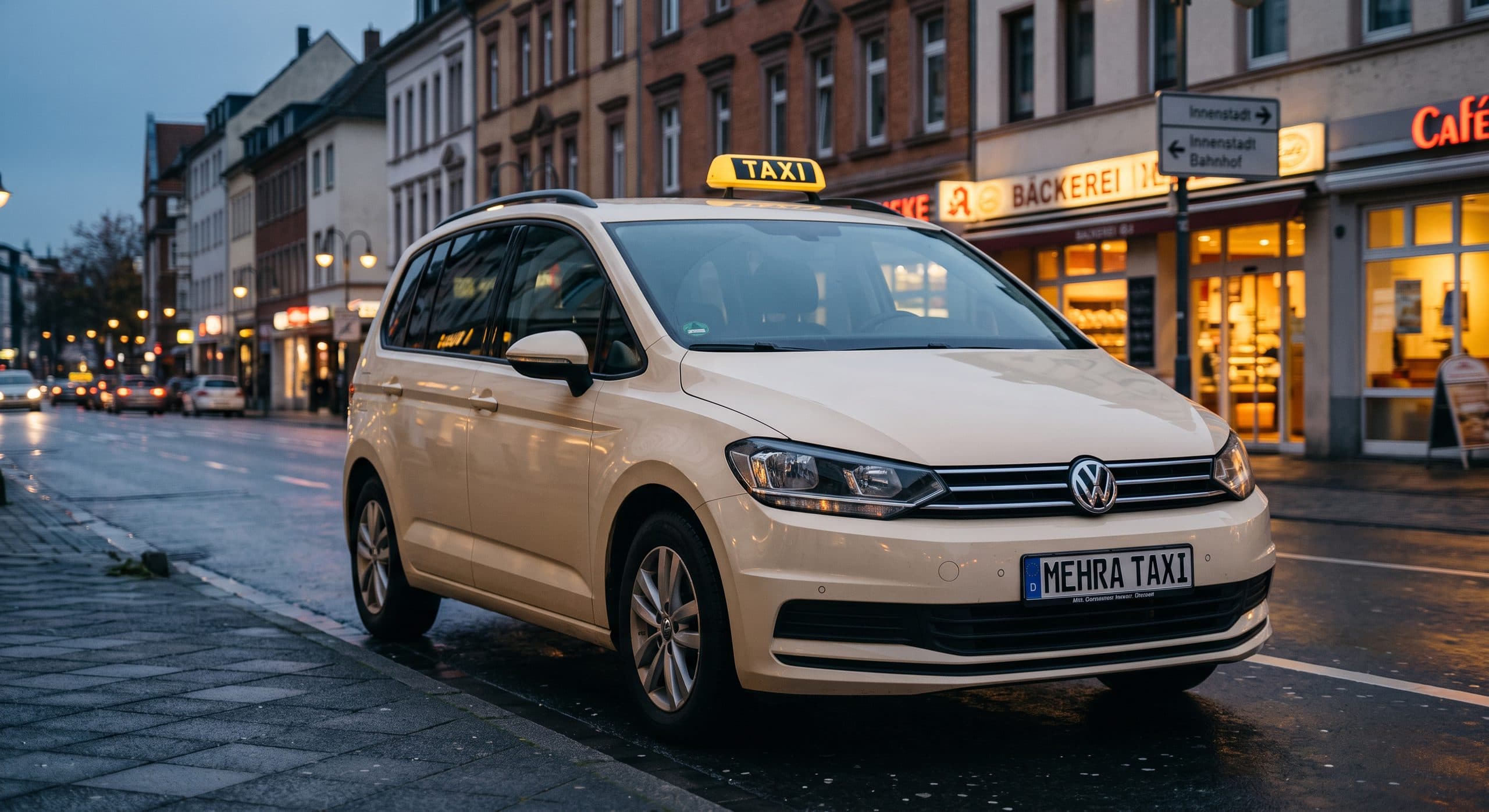 Cremefarbenes Mehra Taxi (VW Touran) mit Taxischild am Abend in einer Innenstadt